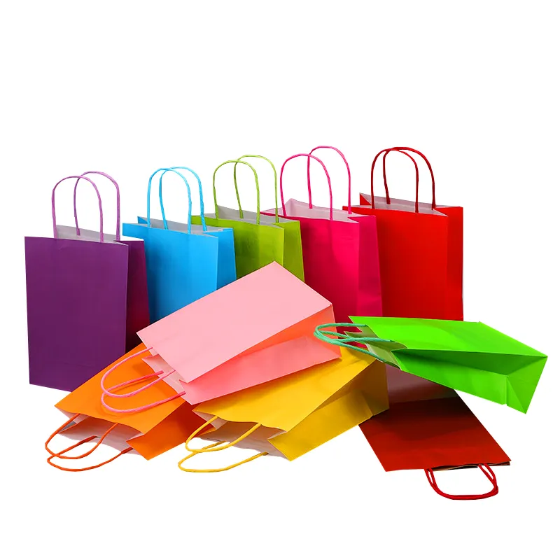 Sacs cadeaux de fête en papier Kraft avec poignées colorées couleurs assorties