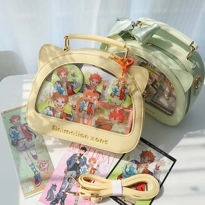 Personalizado PU Ita Bag Com Pinos Display PVC Janela Moda Cartoon Pequena Bolsa Linda bolsa de ombro transparente