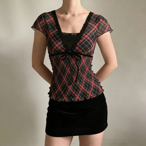 Y2K Plaid Women <b>Top</b> Lace <b>Patchwork</b> V Neck Lace Up Bow Short Sleeve Slim Fit Sexy Sweet T Shirt - Product Image 4