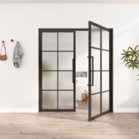 Porte d'entrée double en fer forgé français, étanche, avec moustiquaire en fibre de verre, finition noire, ouverture coulissante à pousser et tirer