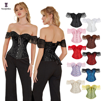 Corset bustier vintage pour femme, grande taille, avec fermeture à 6 agrafes sur le devant, à lacets, style bandage, manches en dentelle, bleu clair et foncé, pour occasions festives