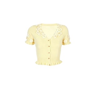 Dalang Sweater Factory Women's Knitted Cardigan Short Sleeve <b>Sweet</b> Style <b>Flower</b> Embellished Slim Fit Breathable Summer Top - Product Image 5