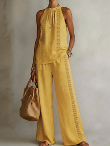 Conjunto de Dos Piezas para <span class=keywords><strong>Mujer</strong></span>, Estilo Retro Europeo y Americano, Top sin Mangas con Encaje Calado y Pantalones Anchos Cómodos - Product Image 3