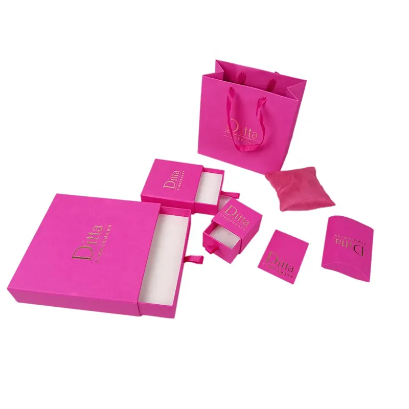 Cassetto scorrevole regalo collana scatola Custom rosa carta gioielli Set imballaggio con sacchetto di carta