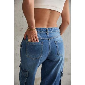 Pantalones Vaqueros Azules para Mujer, Estilo Cargo, con Bolsillos Laterales, 100% Algodón, Corte Ancho - Product Image 2