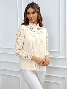 Beige Stand Collar Lace <b>Patchwork</b> Long Sleeve Blouse – Fashionable Women's <b>Shirt</b> for Plus Size - Product Image 5