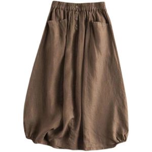 Japanese Style Women's High Waist A Line Lantern Skirt Loose Cotton Linen Midi With Pockets Navy Blue - Product Image 5