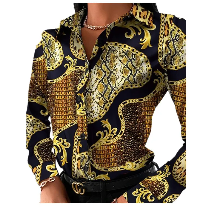 Новое поступление женская блузка 2022 Женские винтажные рубашки с принтом цепочек качественные тонкие Топы с длинным рукавом Повседневная женская одежда больших размеров