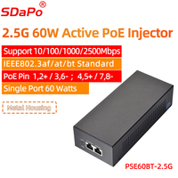 Inyector PoE activo SDAPO 60W 2,5 Gbps IEEE802.3af/AT/BT Estándar 48V Alimentación a través de Ethernet