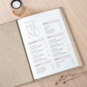 Nouveau porte-menu en tissu <span class=keywords><strong>avec</strong></span> texture de lin, reliure lâche, pliage <span class=keywords><strong>fixe</strong></span>, pour restaurant, bar, traiteur, menu personnalisé <span class=keywords><strong>avec</strong></span> logo estampé or - Product Image 3