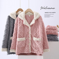 Pyjama cardigan thermique en flanelle épaisse pour femme, automne/hiver, manches longues, en coton, laine et polaire corail, avec revers