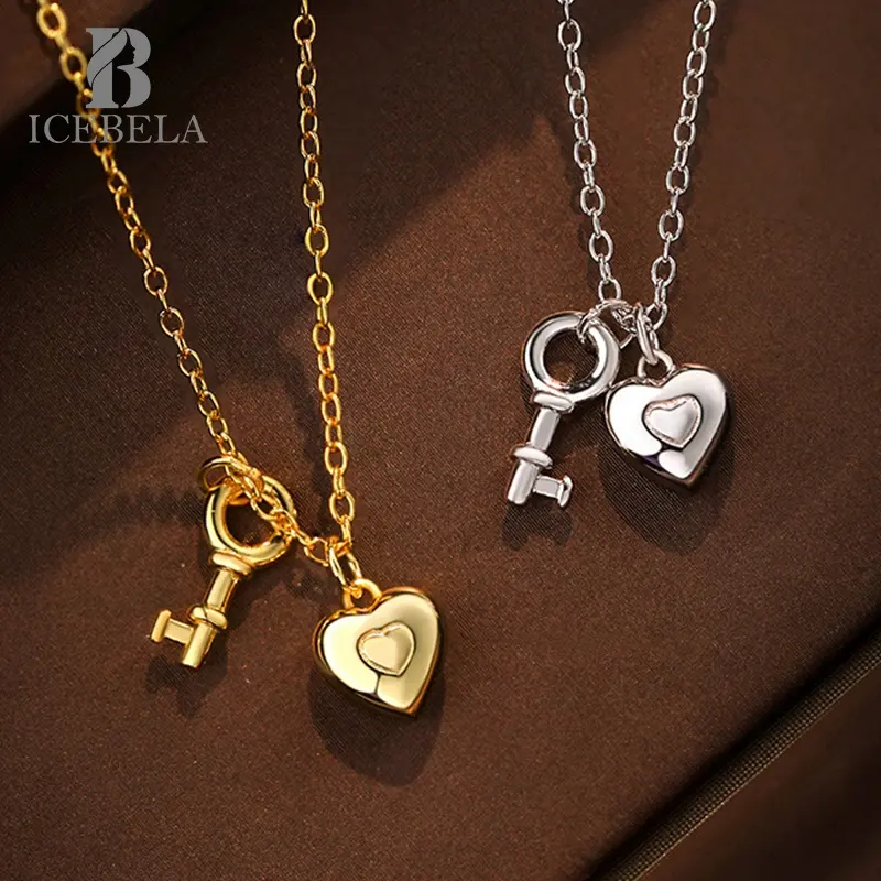 Usine En Gros Double Pendentif Or 18k Fine Jewelry 925 Sterling Silver Heart Key Lovers Pendentif Colliers Pour Femmes