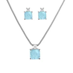 Fashion Commuter Geometric Square Zircon Earrings Necklace Jewelry Sets Royal Blue Wedding Jewelry Set