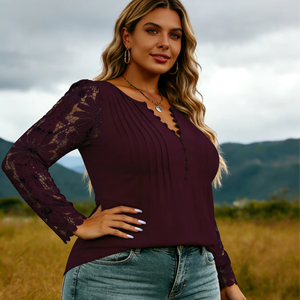 Chemise décontractée à manches longues en dentelle de style européen pour femmes grandes tailles, coupe ample, boutonnée, printemps/été/automne - Product Image 1