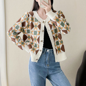 Cárdigan Grueso de Punto con Botones y Diseño de Rombo en Contraste de Color, Estilo Vintage, Elegante y a la Moda para <span class=keywords><strong>Mujer</strong></span>, Suéter de Cuello Alto para Otoño e Invierno - Product Image 1