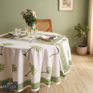 AMORA Round Cotton <b>Tablecloth</b> <b>Green</b> Plant Pattern Handmade Washable Customizable Party Use Modern Style - Product Image 3