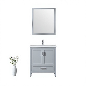 Meuble-lavabo autoportant en bois massif, moderne et écologique, avec miroir encadré, vasque en céramique, résistant à l'eau, style ferme, pour atelier - Product Image 1