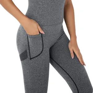 Set Yoga Terusan Fitness Gym, Jumpsuit Satu Potong, Legging Tanpa Jahitan dengan Saku untuk Olahraga Yoga