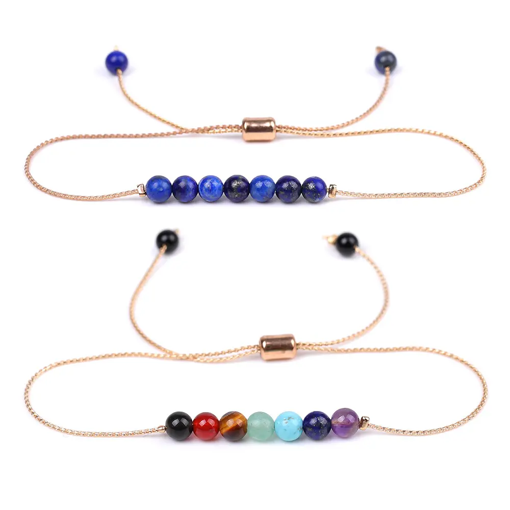 Elegant 7 Chakra 4mm Natural Stone Beads Bracelet Adjustable High Quality Brass Copper Wire Chain Bracelets For Lady GirlWomen