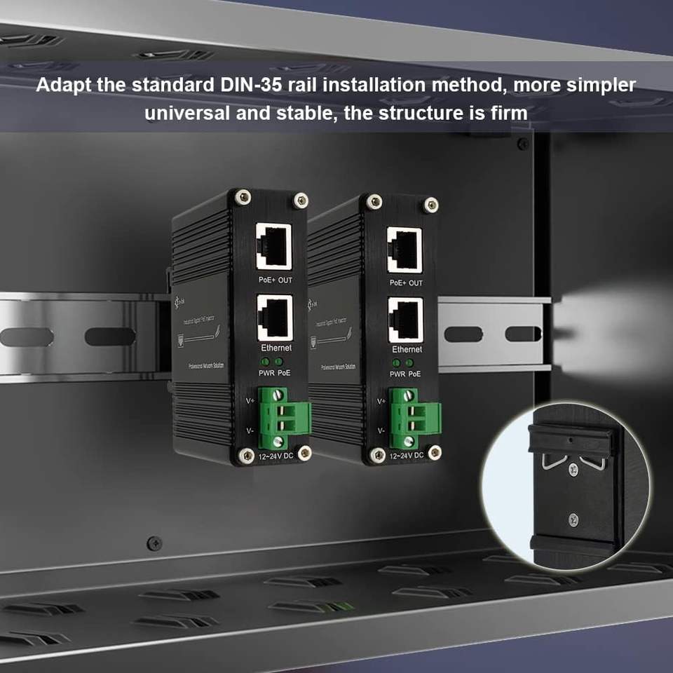 Industrial 60W PoE Injector Gigabit 10/100/1000Mbps Support 802.3af/at 12 to 48VDC Input