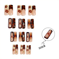 24 faux ongles longs en forme de cercueil à presser, motif écaille de tortue vintage automne, fleurs 3D cerise, avec décorations métalliques