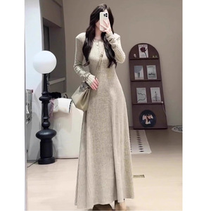 Women's Knitted <b>Long</b> <b>Dress</b> O-Neck Natural Waist Solid Color Slim Fit Korean Style Autumn <b>Winter</b> 2025 - Product Image 1