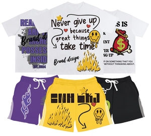 Tuta larga da <span class=keywords><strong>uomo</strong></span> in cotone 100% estivo 2 pezzi stile personalizzato con stampa squadrata sportiva <span class=keywords><strong>oversize</strong></span> Shorts t-shirt Set - Product Image 4