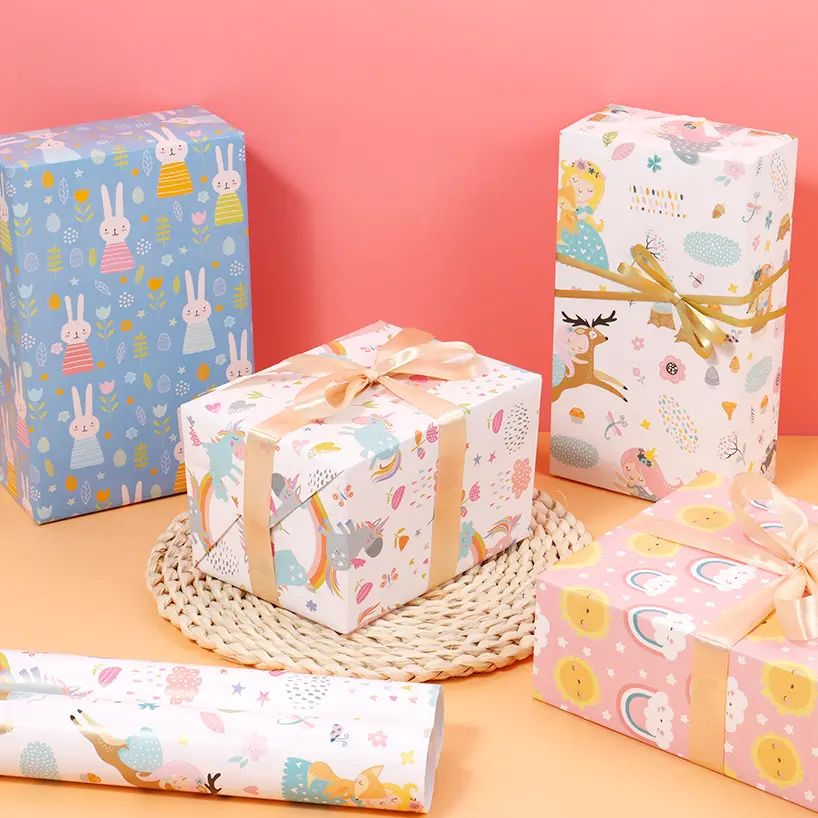 Birthday Wrapping Paper for Boys Girls Kids Baby Shower Cute Cartoon Rabbit Gift Wrap Paper for Graduation Anniversary Holiday