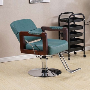 Modern Hydraulic Barber <b>Chair</b> With Wooden Armrest - Stylish Salon Styling <b>Chair</b> With Comfortable <b>Green</b> Leather Cushion - Product Image 4