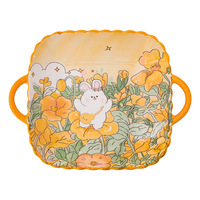 Bol à soupe en céramique à double poignée, motif lapin fleuri de dessin animé, assiette de table, plat à salade, plateau de cuisson, vente en gros