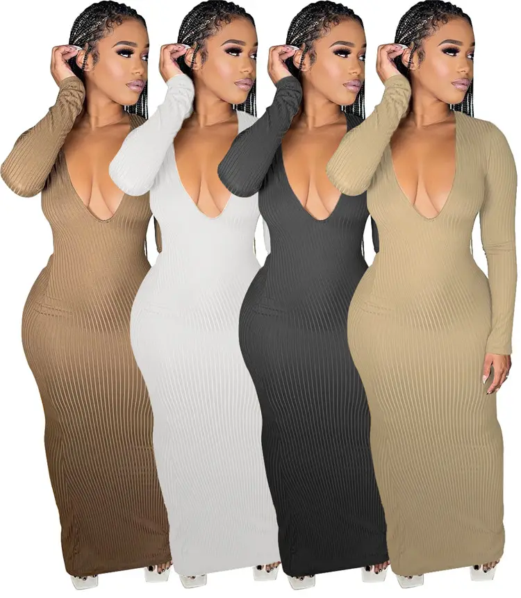 Stylish Fashion sexy ladies fall casual solid color deep long sleeve V neck ankle length sweater women long bodycon dress