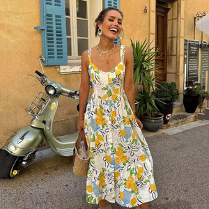Abiti Casual estate abito Midi per le signore Sexy U collo senza maniche limone abito floreale - Product Image 1