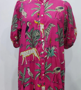 Robe élégante longueur genou pour femmes, manches bouffantes coréennes, motif ouvert devant avec bouton plus proche, design évasé tendance en bas - Product Image 1