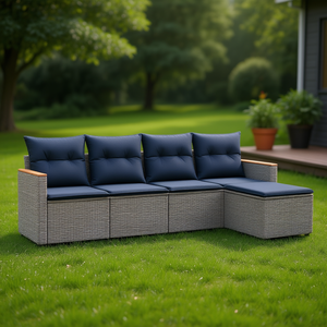 Ensemble de canapés de jardin en polyrotin gris avec coussins, 5 places, mobilier d'extérieur, design contemporain - Product Image 2