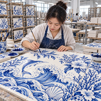 Mosaïque murale en céramique bleue et blanche peinte à la main, motif vague de mer, taille personnalisée pour la décoration murale de la salle de bain et de la cuisine