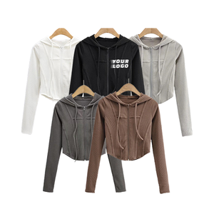 Sweat à capuche court tendance en spandex/coton respirant, nouveau, à manches longues, avec logo brodé personnalisé, fermeture éclair, motif arête de poisson - Product Image 4