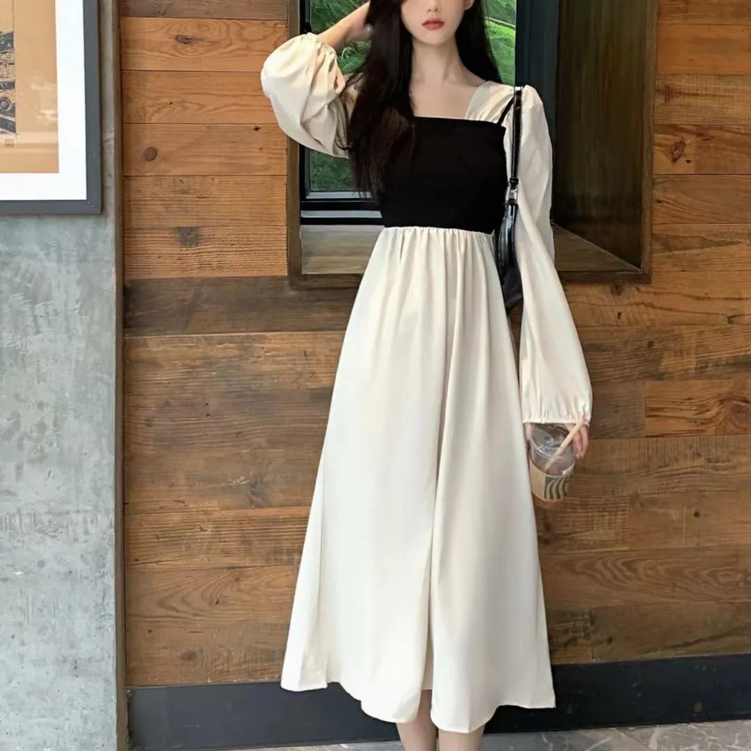 Splicing two square neck dresses for women spring autumn 2023 new French retro design long sleeve long skirt