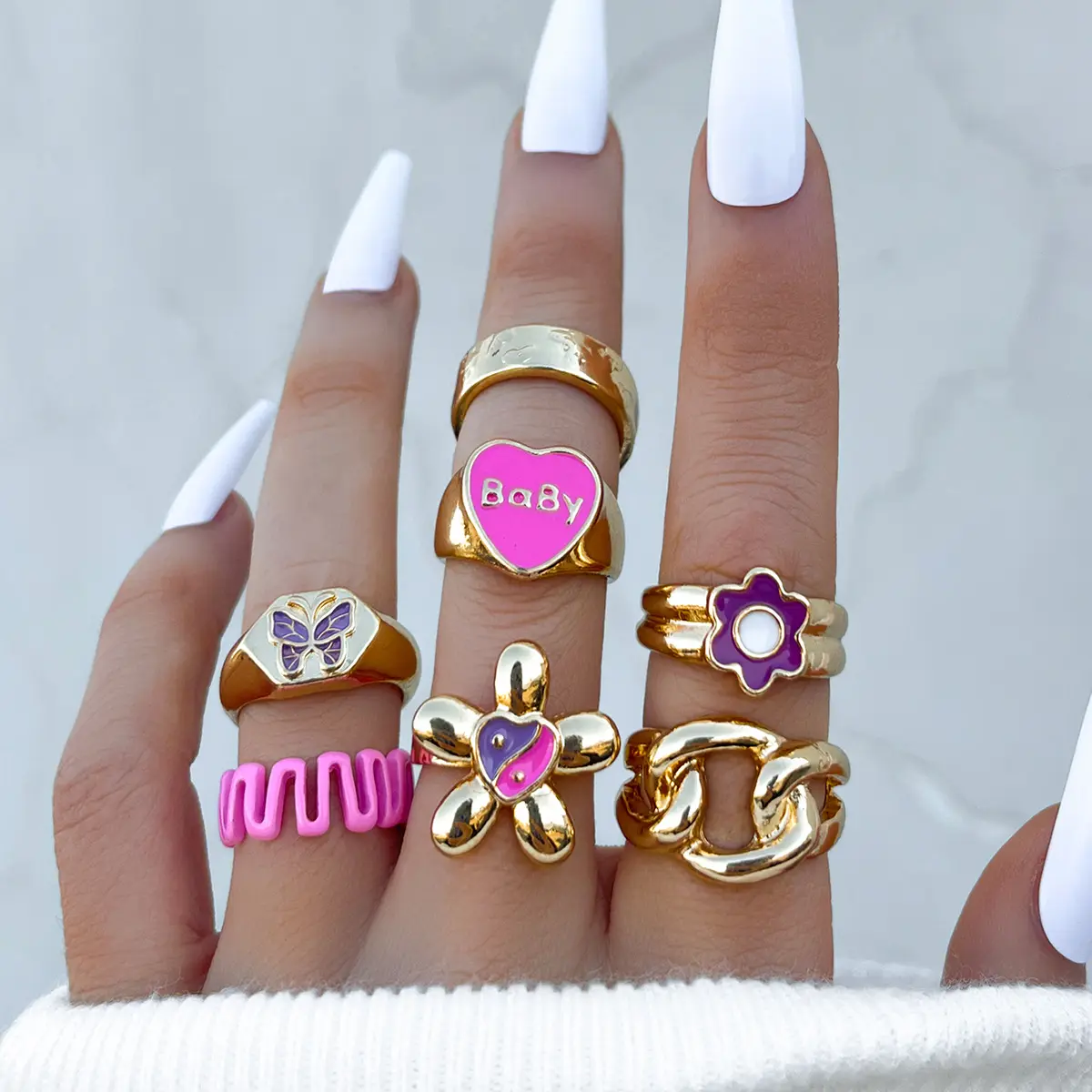 7pcs/set Pink love Butterfly y2k Rings Punk Gold Chunky Rings Knuckle Ring Set For Women Bohemian Minimalist Finger Jewelry