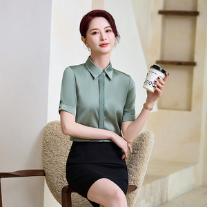 Women's Blue Short Sleeve Chiffon Shirt Dress Office Elegant Button Down Slim Fit Summer Style - Product Image 4