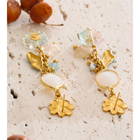 Boucles d'oreilles pendantes JINYOU 7640 en acier inoxydable plaqué or PVD, avec pierres naturelles, émail, coquillages, résine, fleurs et perles, à pampilles