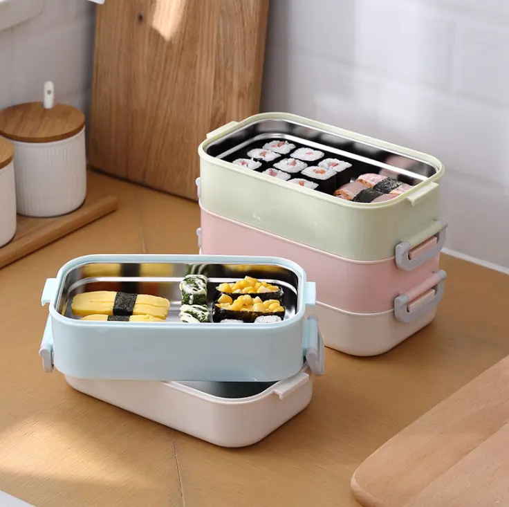 304 Stainless Steel Portable Office Plastic 2 Layer Lunch Box with Compartment Sealed Insulated Lunch Box with handle