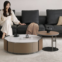 Table basse de luxe haut de gamme au design minimaliste italien, avec structure en cuir et plateau en dalle de roche, espace de rangement, mobilier de maison