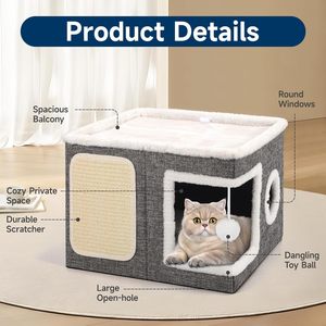 Linen Fabric 4 Season Furry Custom Rlling <b>Ball</b> Foldable Washable with cat Scratching Post Pet Bed cat House - Product Image 3