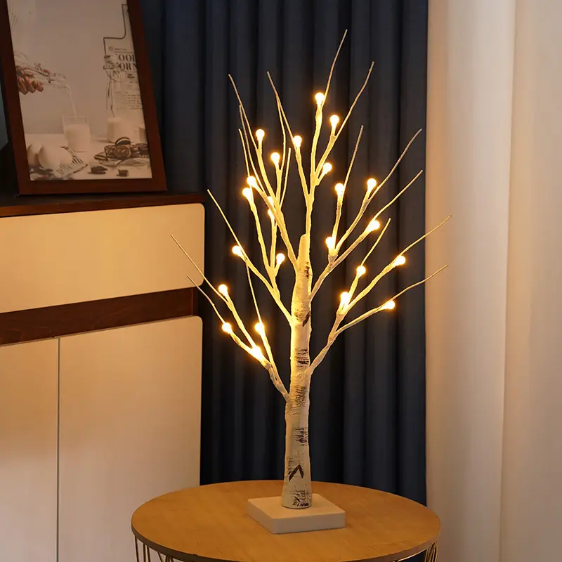 60cm Tabletop Bonsai Silver Birch Tree Festival Holiday Light com 24 Bulb LED DIY Artificial Light Tree Lamp Decoração Gift