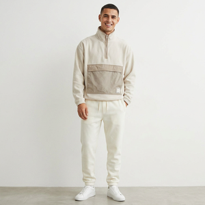 Sweat-shirt surdimensionné OEM à fermeture éclair grande poche à fermeture éclair bordures brunes épaules tombantes légères pesées Sherpa pulls à capuche - Product Image 1
