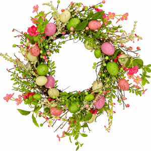 Couronne de Pâques de 45 cm avec œufs tachetés, fleurs, baies, vigne, couronne de porte artificielle, décoration murale de printemps pour la maison, <span class=keywords><strong>pastel</strong></span> - Product Image 1