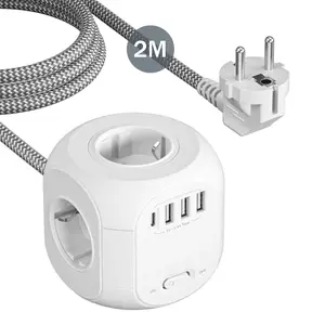 Strip daya colokan EU, dengan 4 outlet AC 3 Port USB 1 Tipe C 2M/3M kabel kepang Multi soket dengan saklar untuk rumah