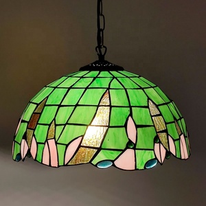 LongHuiJing 16 Inch Tiffany Style Stained Glass Hanging Lamp Vintage Green Stained Glass Ceiling <b>Light</b> - Product Image 1