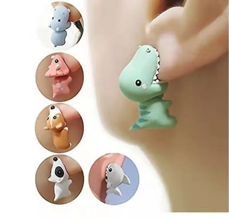 Cute Dinosaur Little Dog Whale Clay Bite Ear Jewelry Animal Cartoon Stud orecchino per le donne accessori di moda divertenti