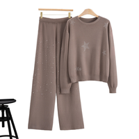 Ensemble pull ample et pantalon large pour femme, motif géométrique patchwork, col mandarin, en mélange viscose et laine, anti-rides, collection automne de luxe